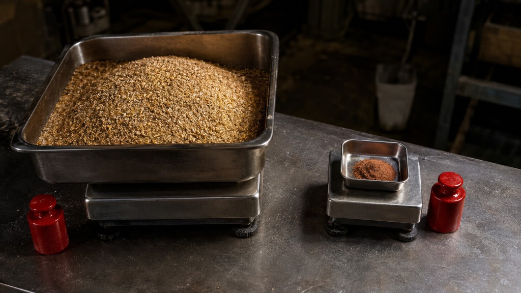 A small scoop of mineral premix on a precision platform scale with a large feed-mill weigh hopper behind it.