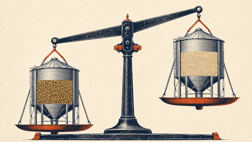 A vintage balance scale compares two identical feed bins filled to the same level with different feed forms, showing how bulk density changes weight for the same volume.