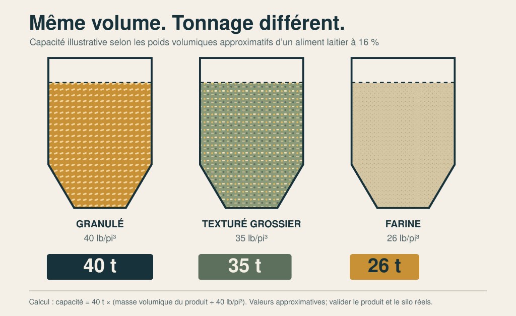 Trois silos identiques remplis au même niveau indiquant 40 tonnes pour le granulé, 35 tonnes pour l’aliment texturé grossier et 26 tonnes pour la farine.