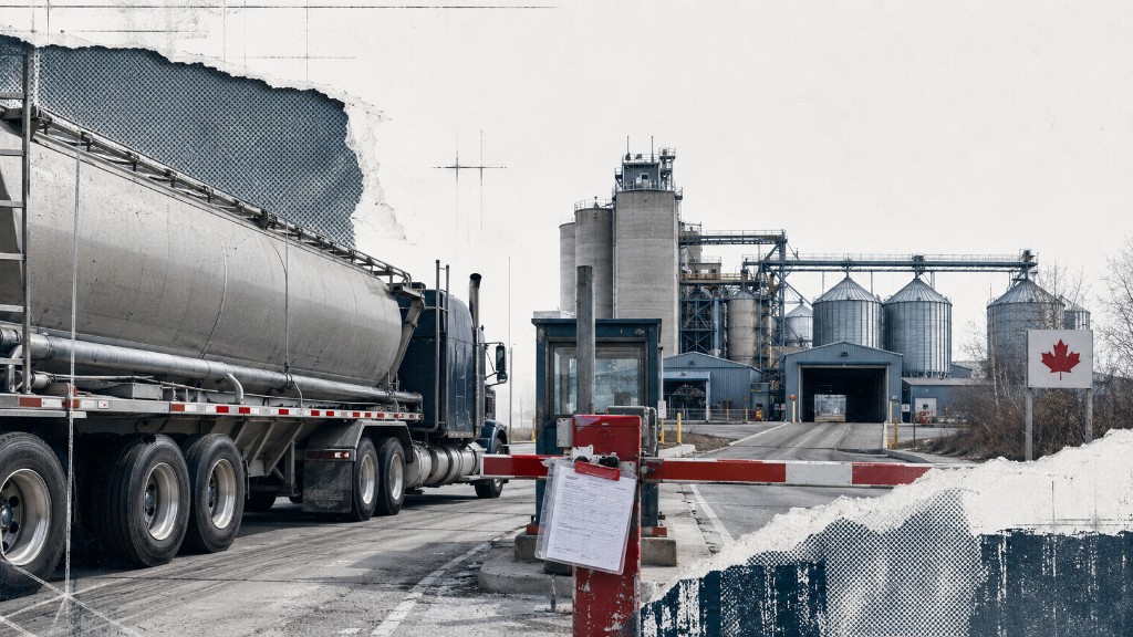 Desaturated collage of a bulk tanker at a Canadian feed-mill security gate with a maple-leaf sign and approved paperwork on the barrier.