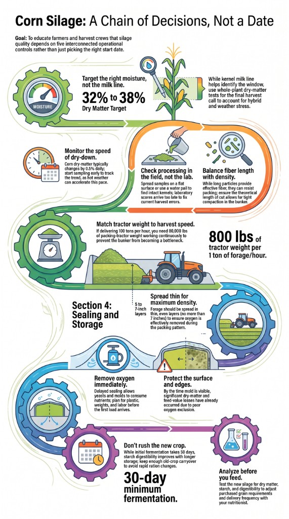 Vertical poster of five linked corn silage harvest controls: dry matter, field processing, packing weight, sealing and new-crop transition.