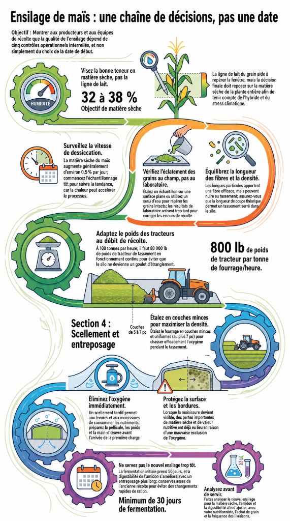 Affiche verticale des cinq points de contrôle de la récolte d’ensilage de maïs : matière sèche, traitement au champ, poids de tassement, scellement et transition vers la nouvelle récolte.