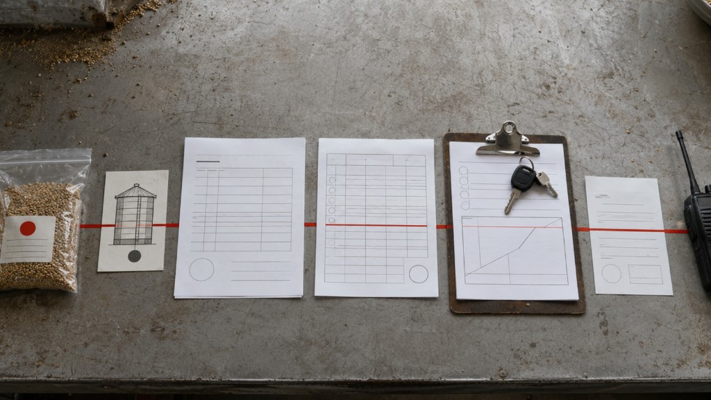 Overhead editorial photograph of feed-mill operating documents, a feed sample, truck keys, a delivery slip and a radio connected by one continuous red line.