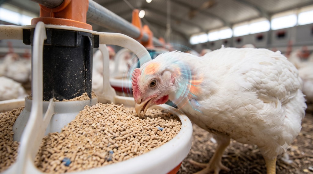 A broiler feeding from an automated pan in a commercial barn, with a subtle overlay suggesting energy spent during pecking at fines in the feed.