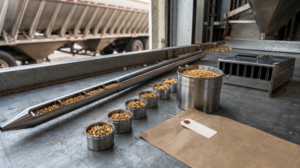 A compartmented grain probe, incremental corn samples and a composite container on a feed-mill receiving bench.