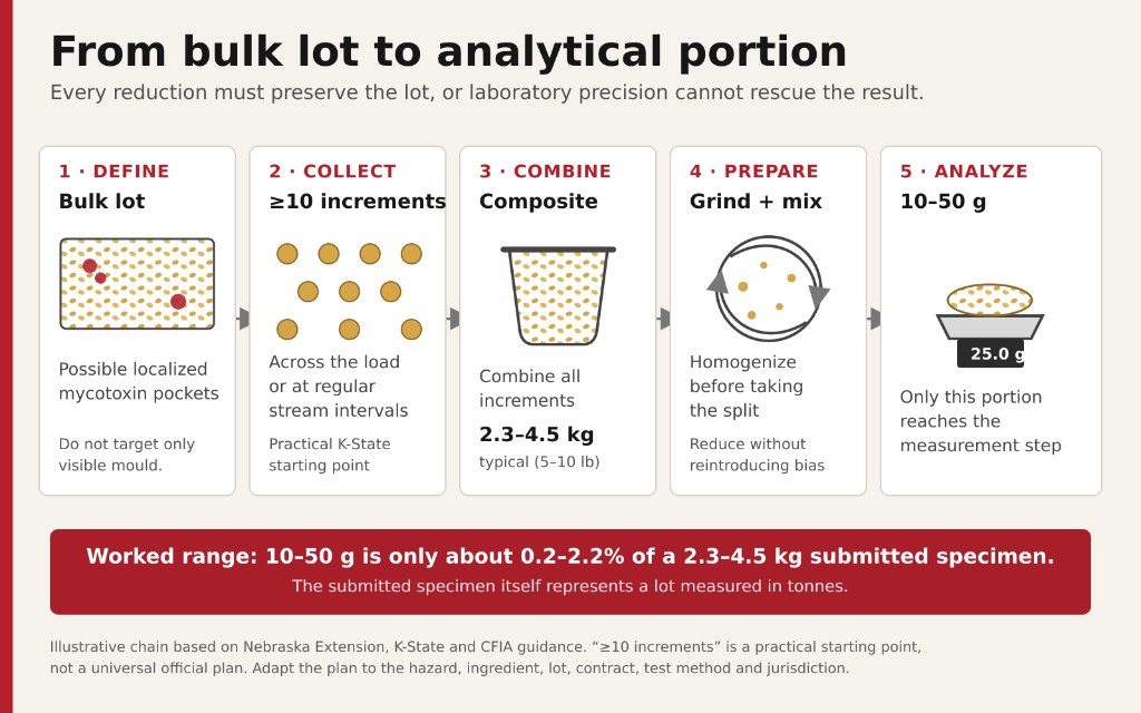Five-step infographic from bulk lot through incremental collection, composite specimen, grinding and mixing, to a 10–50 g analytical portion on a scale.