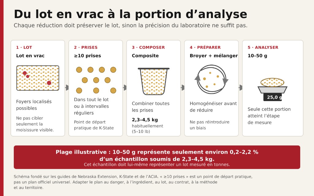 Infographie en cinq étapes du lot en vrac aux prises élémentaires, à l’échantillon composé, au broyage et au mélange, jusqu’à une portion d’analyse de 10 à 50 g sur une balance.
