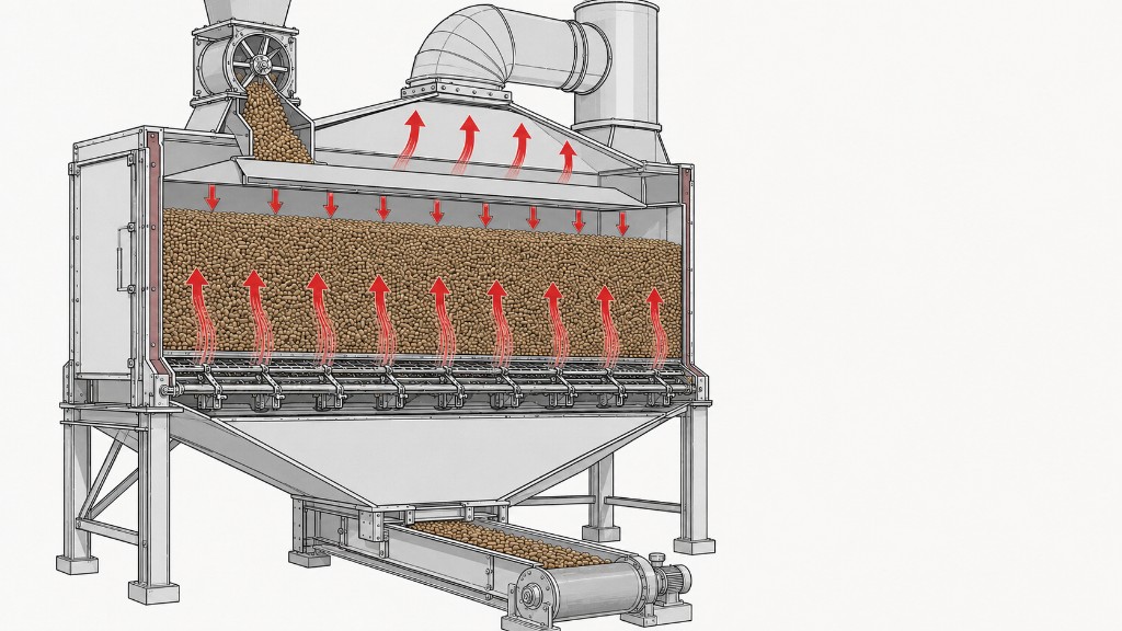 A cutaway illustration of a counterflow pellet cooler showing pellets descending through rising cool air toward a discharge conveyor.
